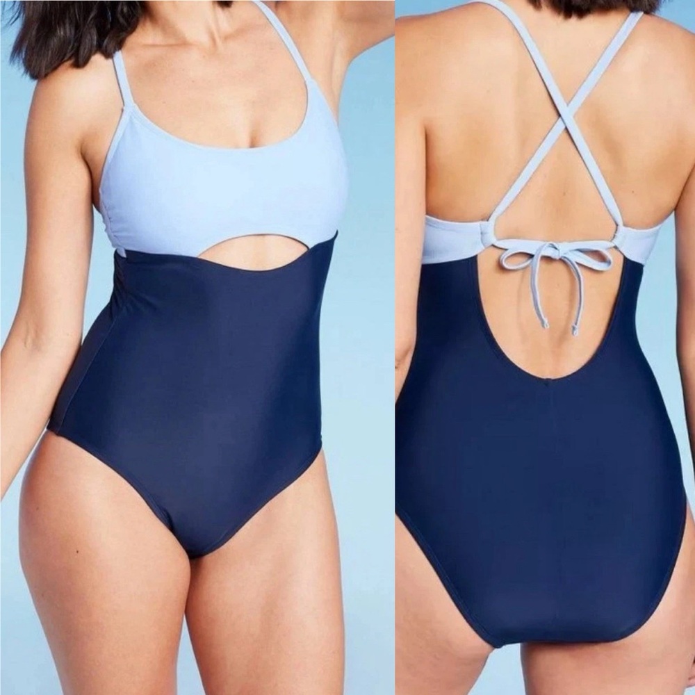 NWT Kona Sol Color Block Blue Medium Seat Coverage One Piece Swimsuit Size M
